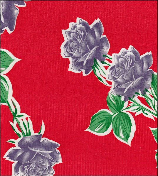 Oilcloth Fabric Swatch long stemmed Purple Roses on solid red background