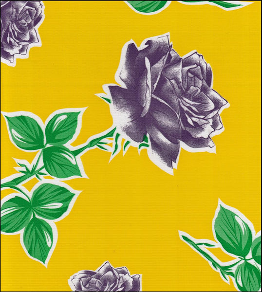 Oilcloth fabric swatch long stemmed purple roses on solid yellow background