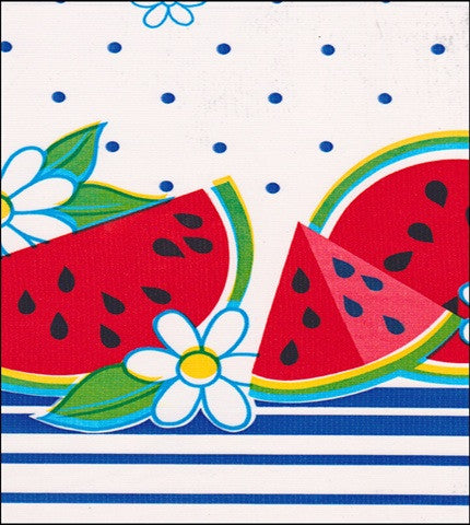 Oilcloth Fabric Swatch sliced Watermelons with Blue Stripes on white oilcloth