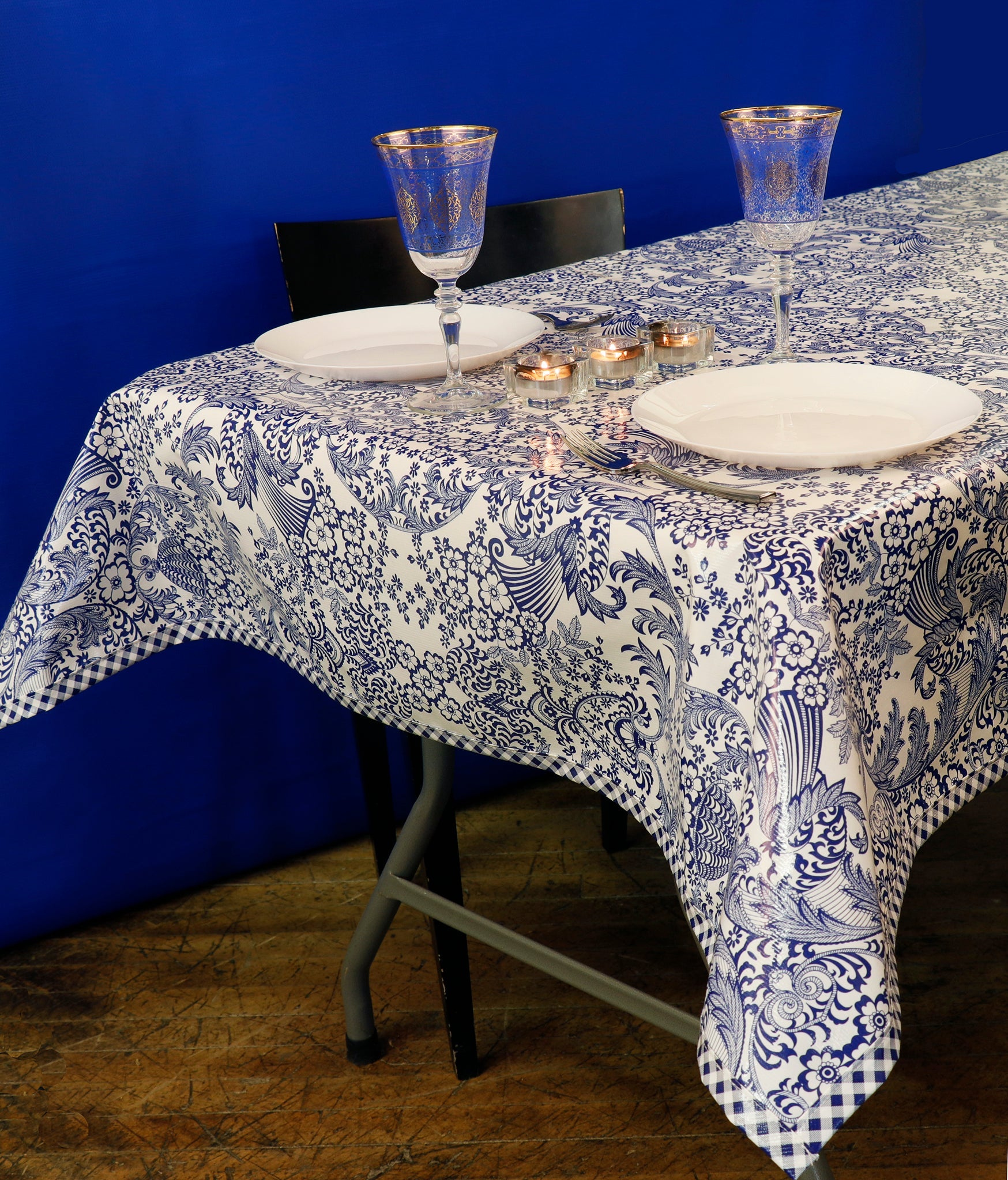 Elegant Hanukkah Ideas Featuring Toile Blue Oilcloth
