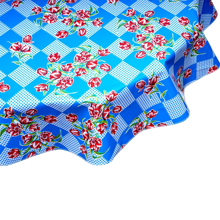 freckled sage round tulips blue oilcloth tablecloth