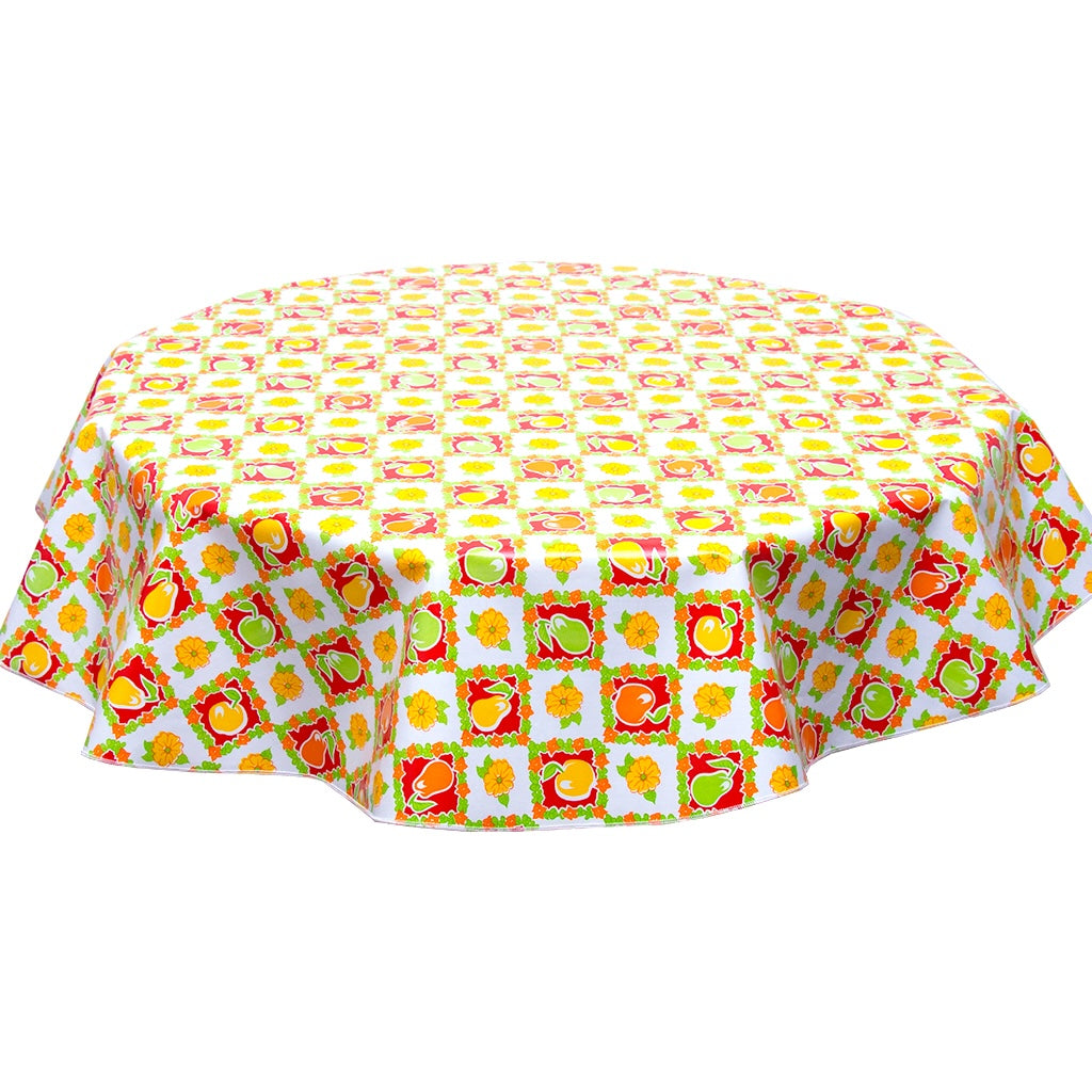 freckled sage round pears and apples red oilcloth tablecloth