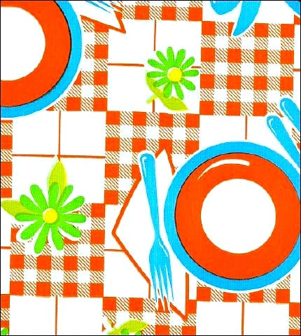 oilcloth by the yard picnic orange and light blue oilcloth swatch