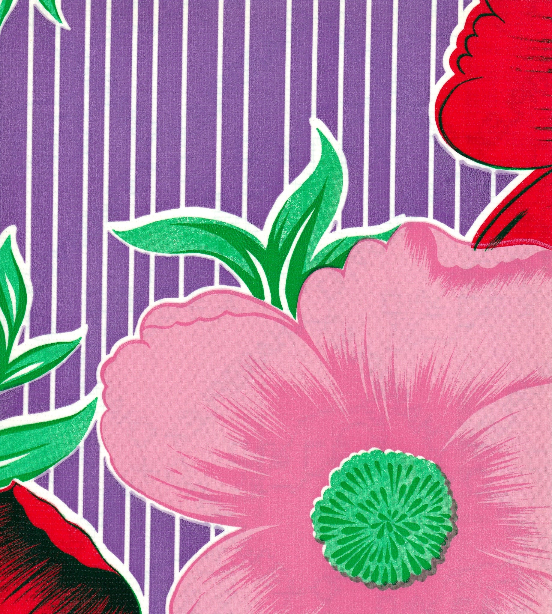 oilcloth by the yard big flowers and striped purple swatch