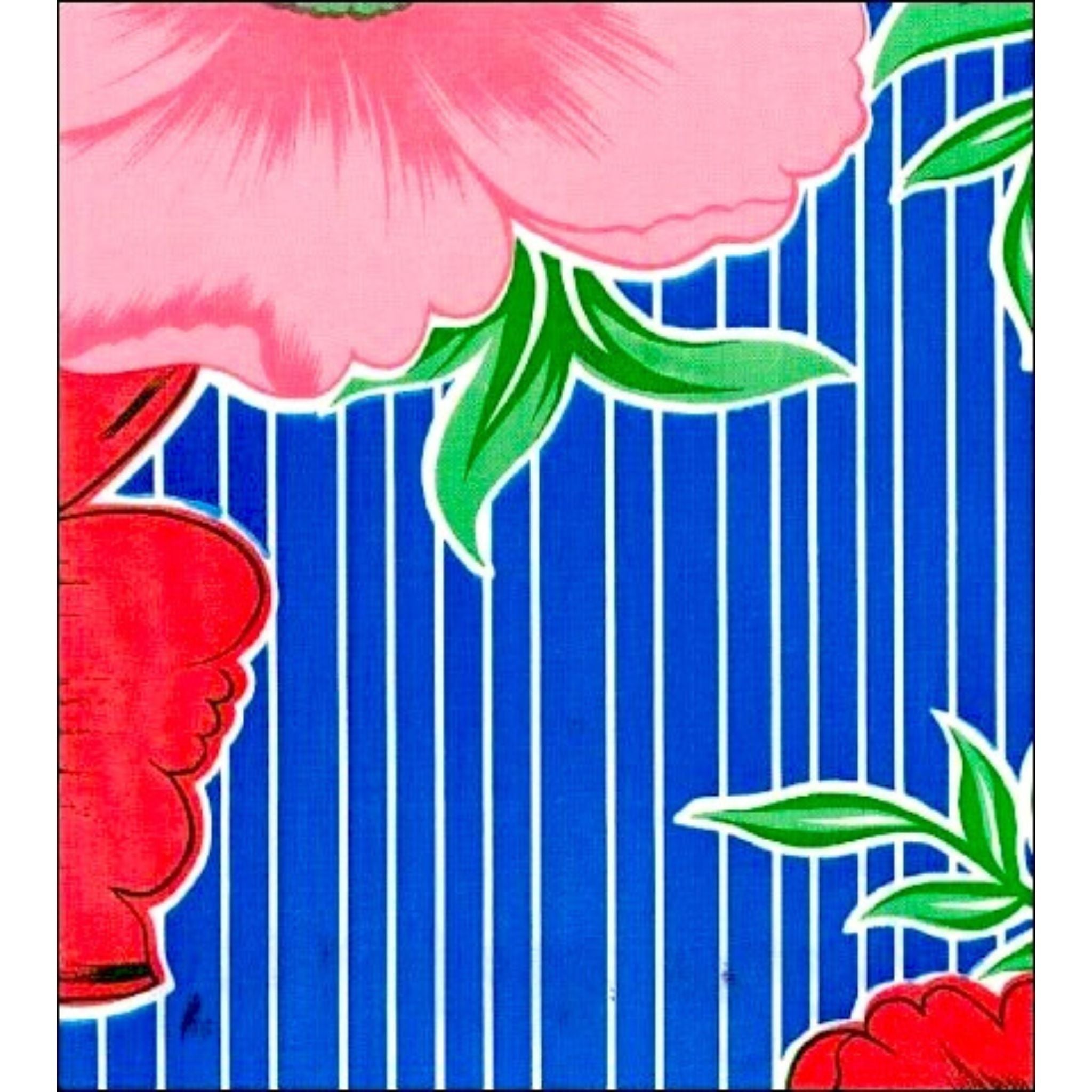 big flowers and stripes blue oilcloth swatch