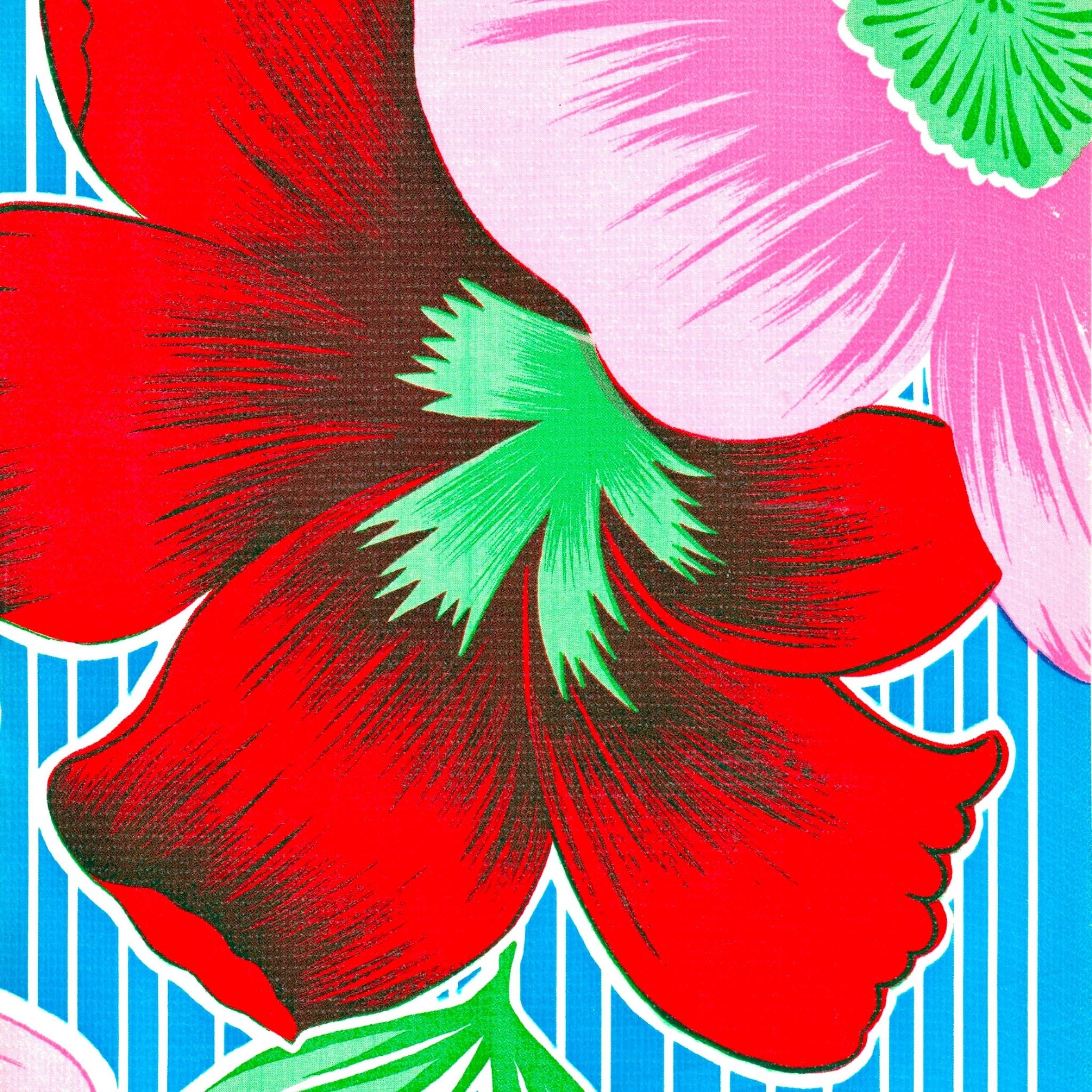 big flowers and stripes light blue oilcloth swatch