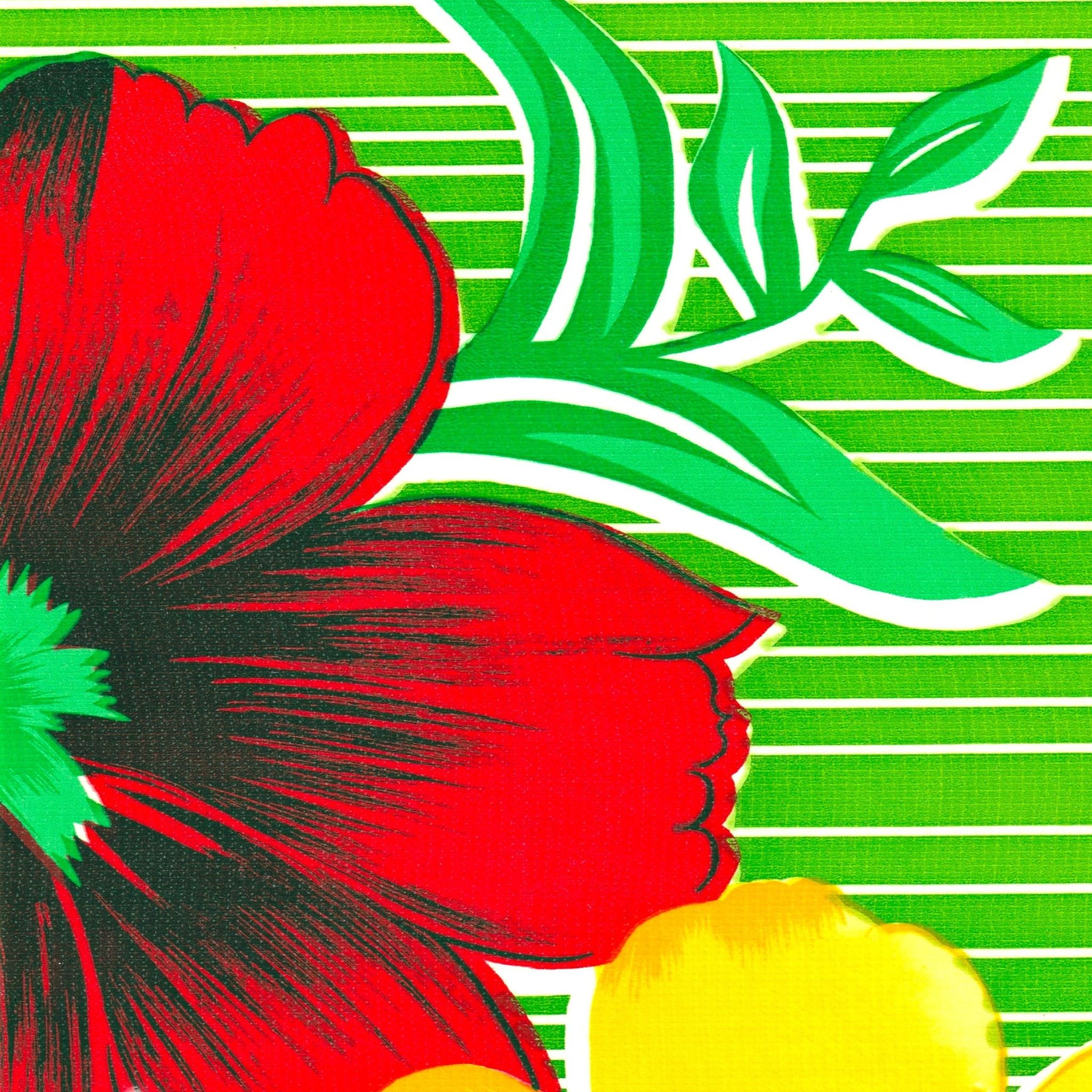Big Flowers and Stripes Lime Green Oilcloth Fabric