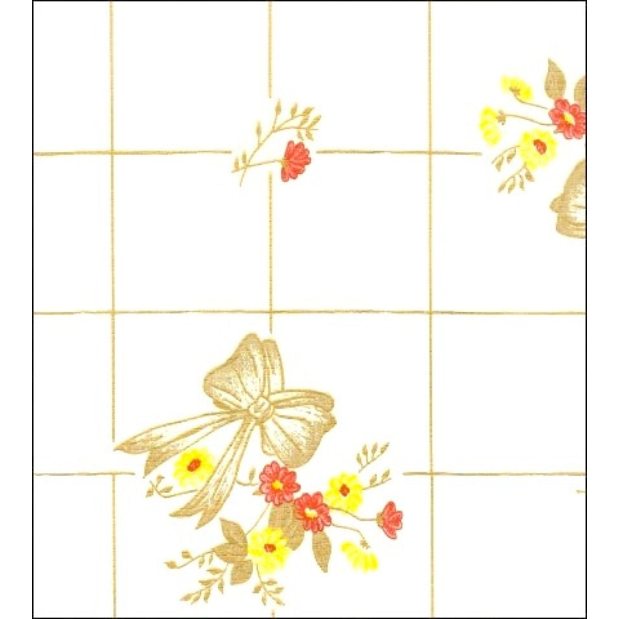 Bows and Bouquet Gold on White Oilcloth Fabric