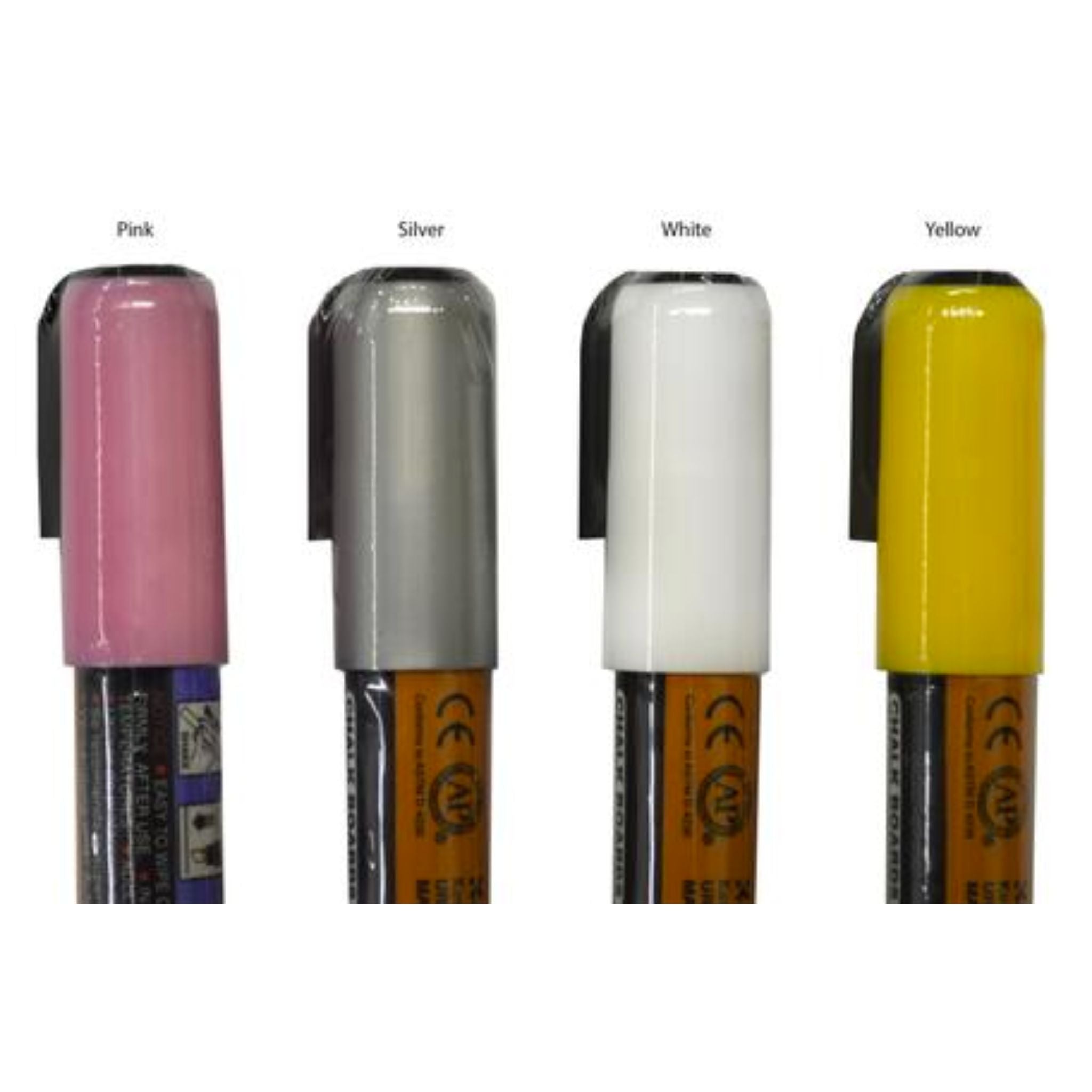 pink, silver, white, and yellow chalk markers