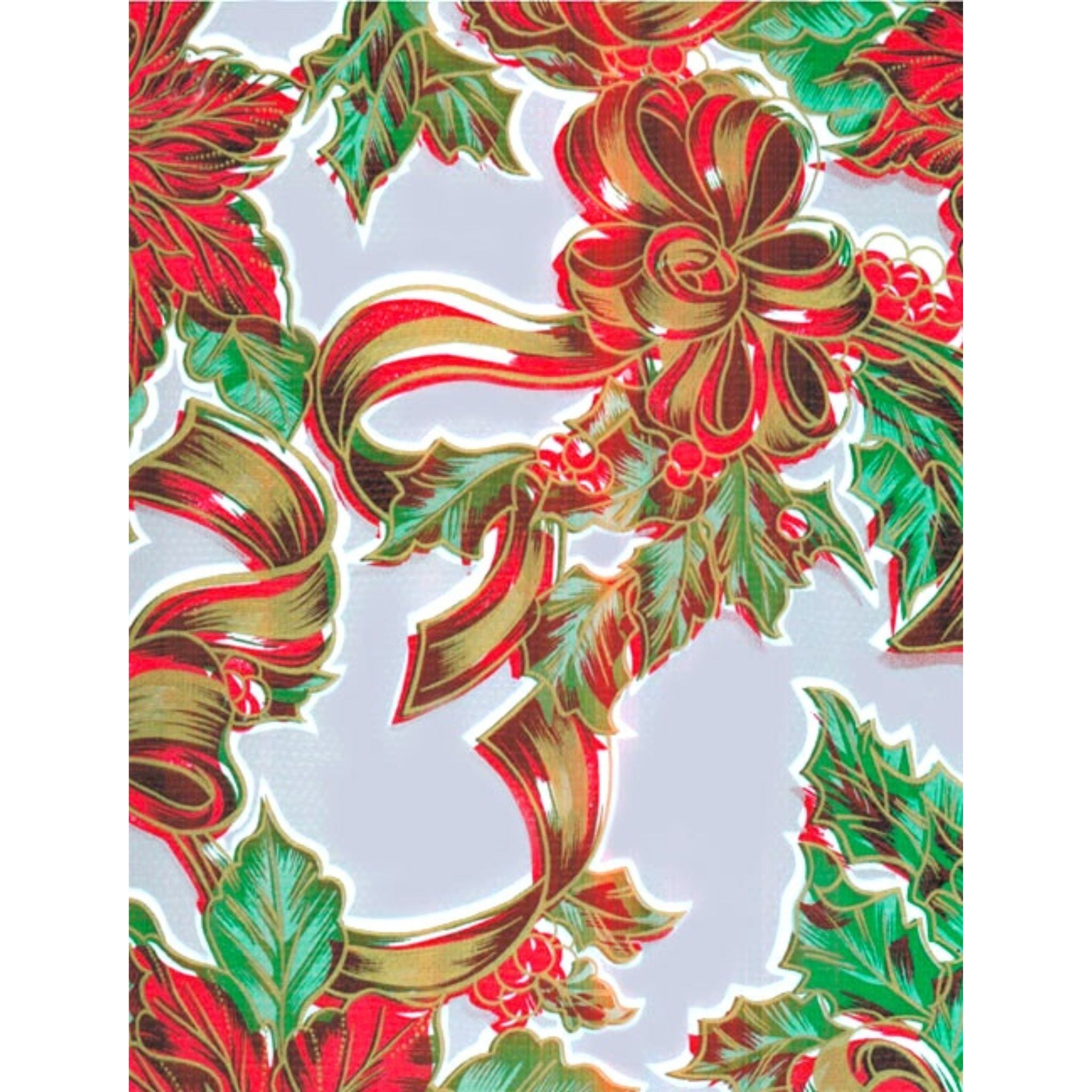 christmas ribbons and holly silver oilcloth swatch