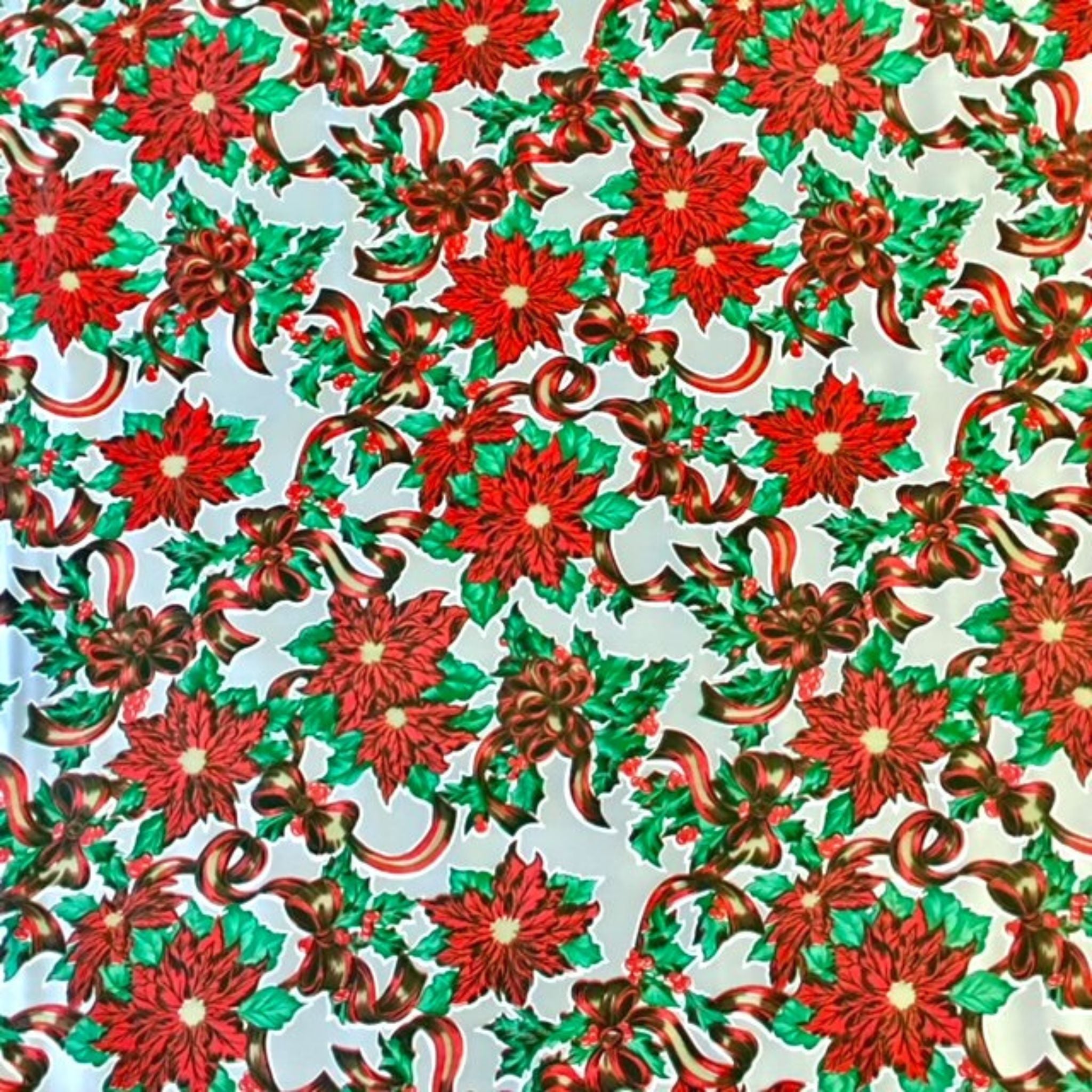 christmas ribbons and holly silver oilcloth swatch