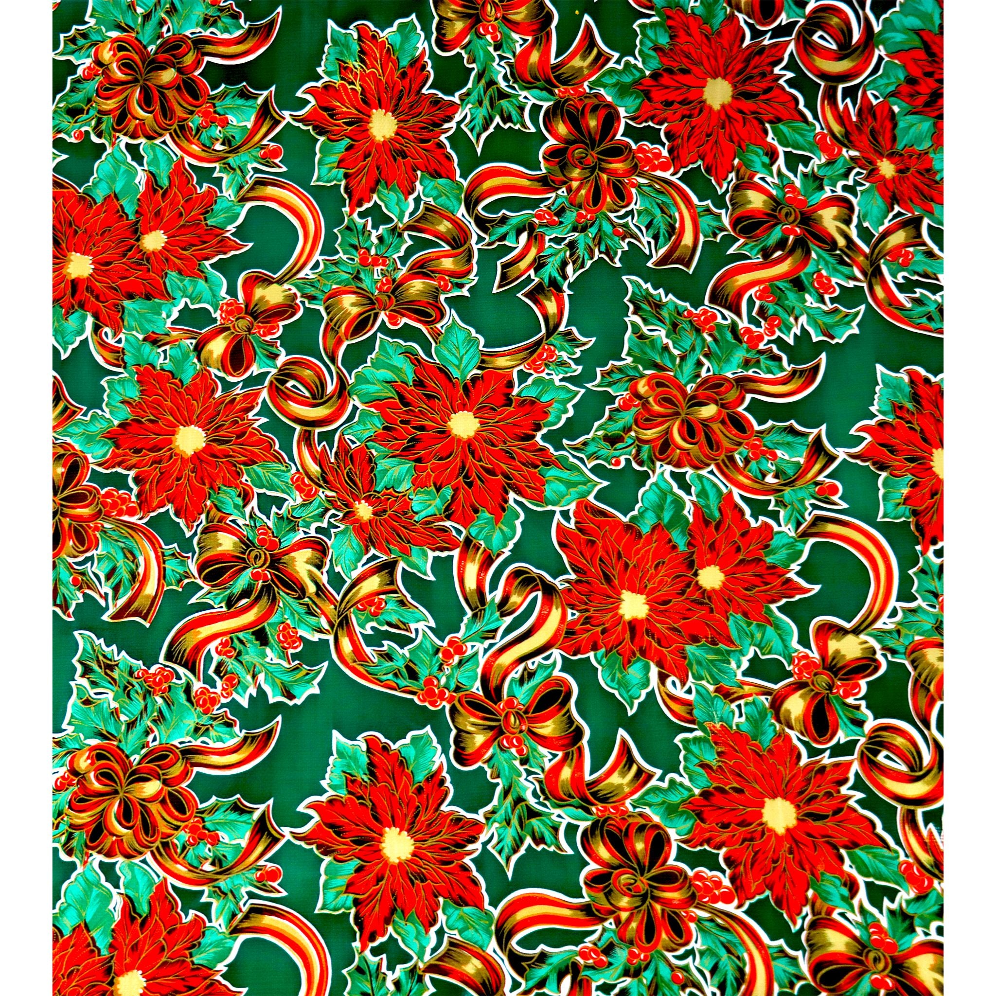 christmas ribbons and holly green oilcloth swatch