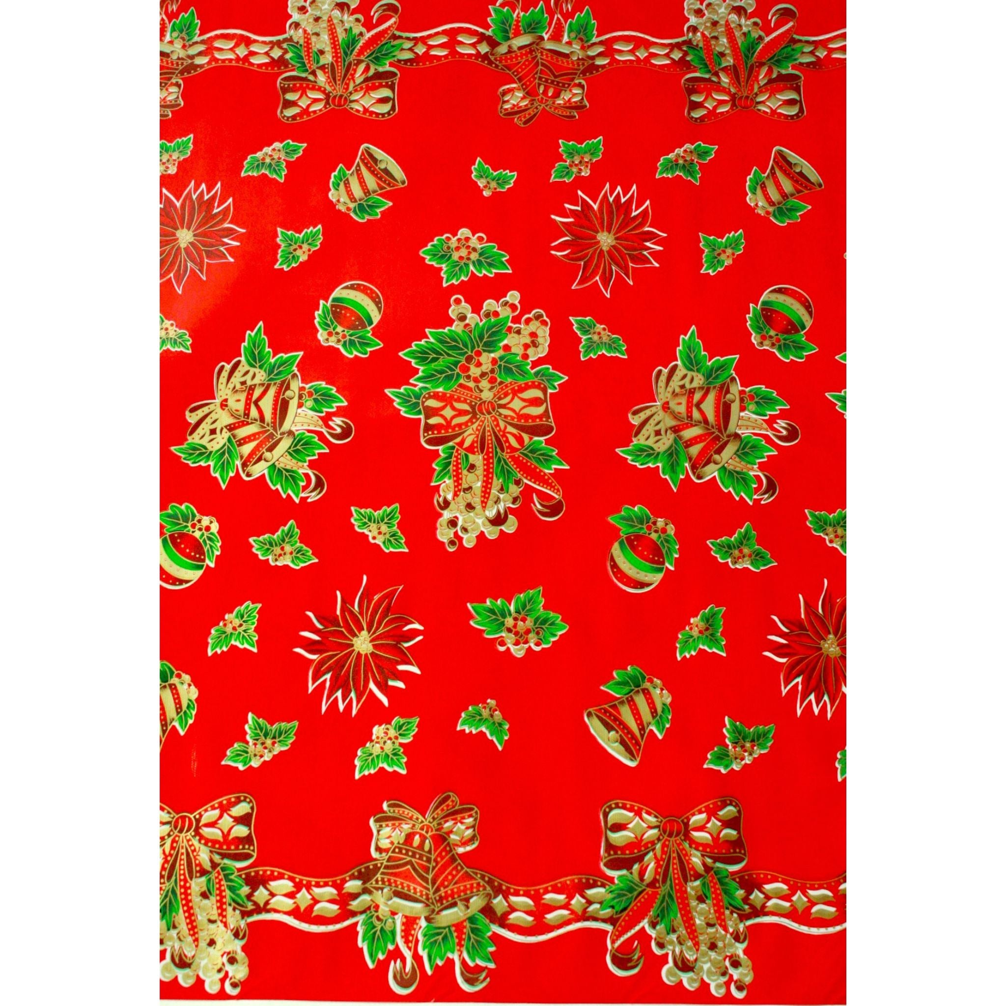 christmas bells and bows red oilcloth swatch