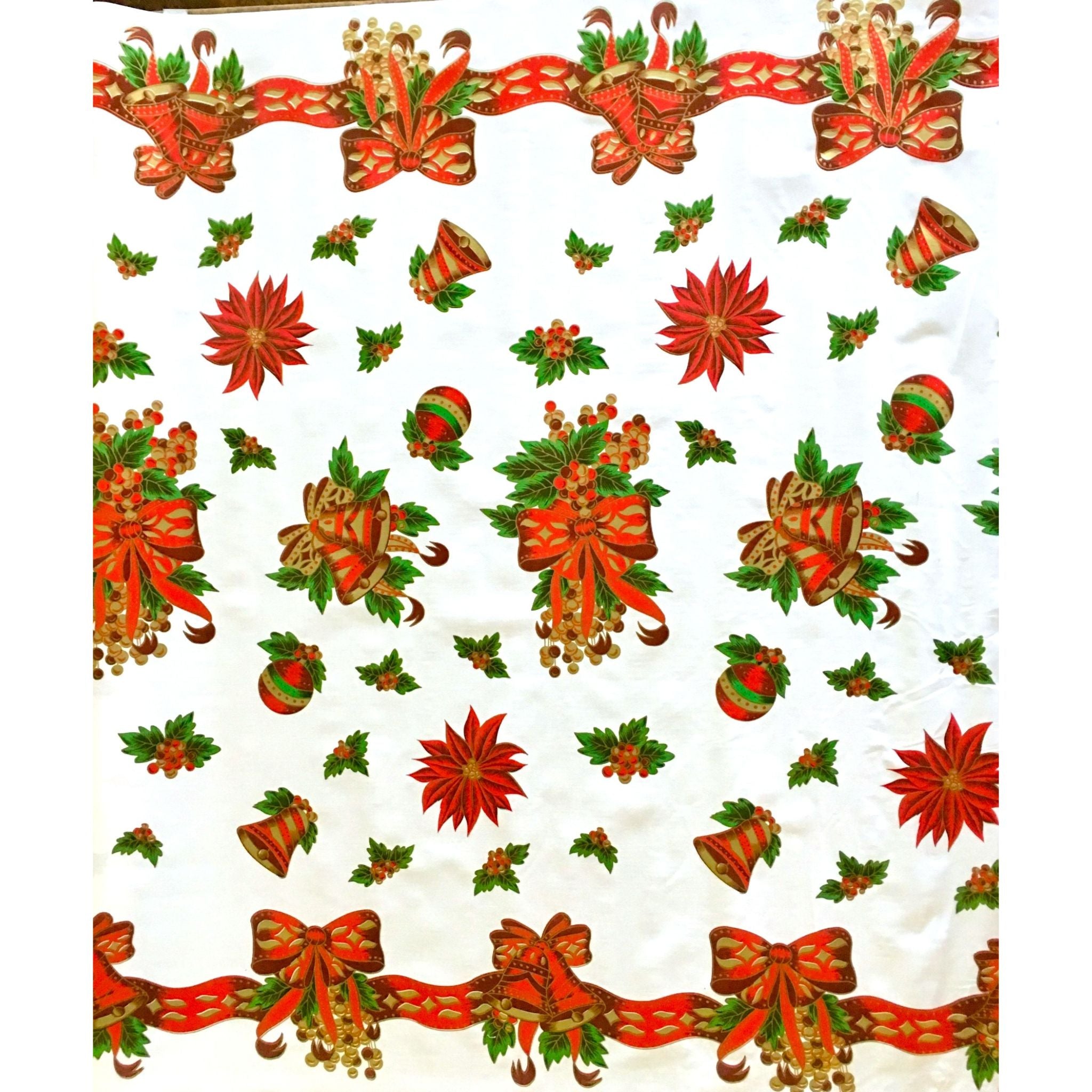 christmas bells and bows white oilcloth swatch