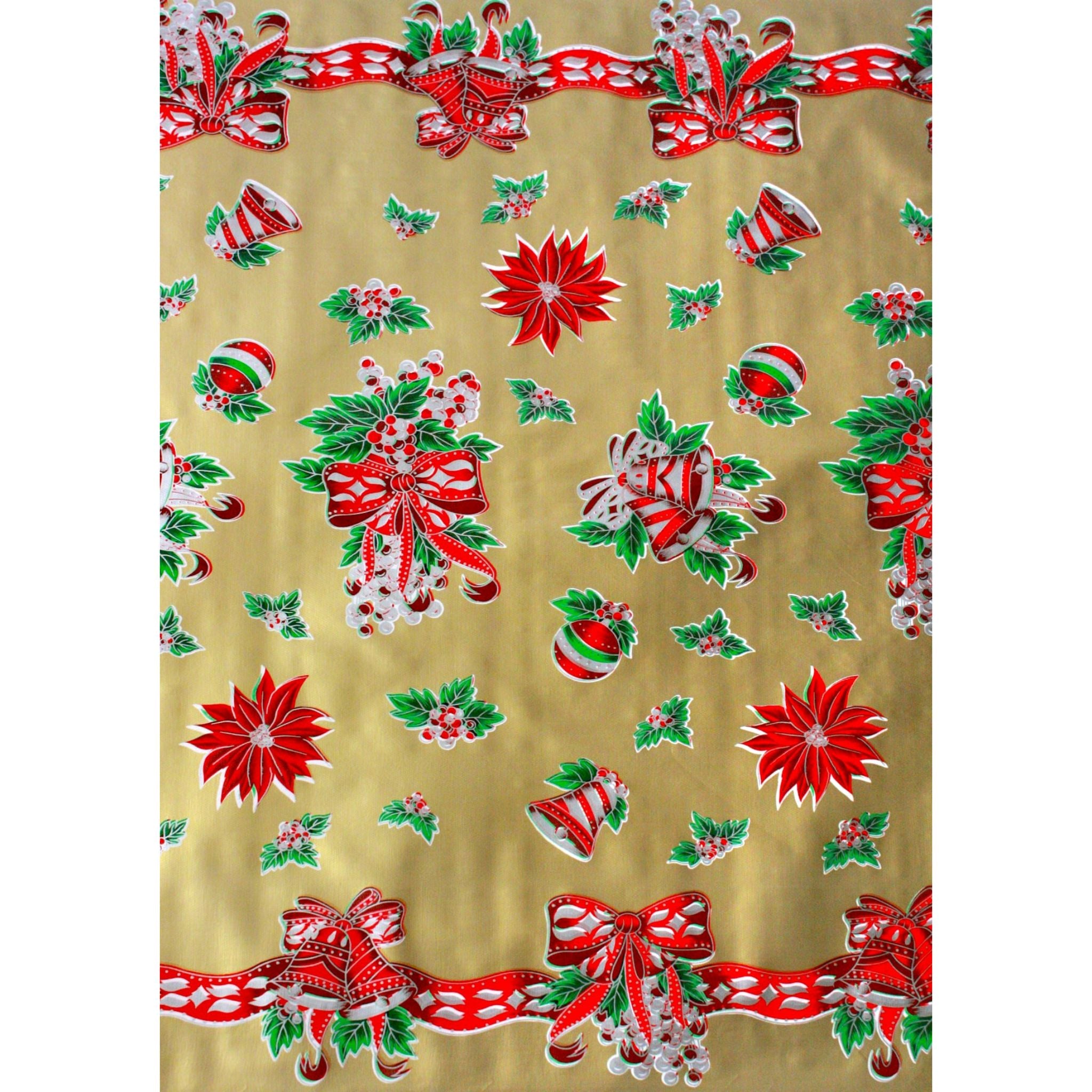 christmas bells and bows gold oilcloth swatch