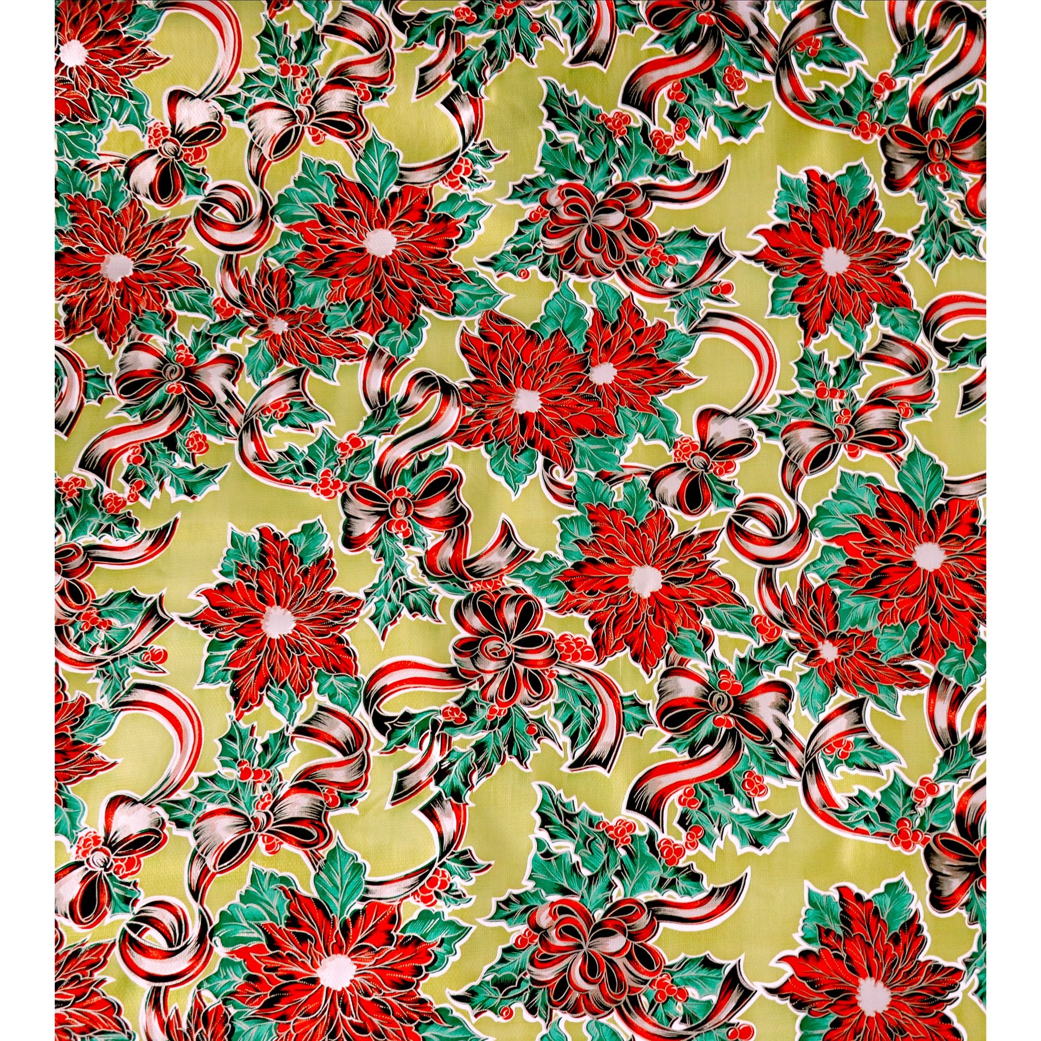 christmas ribbons and holly gold oilcloth swatch