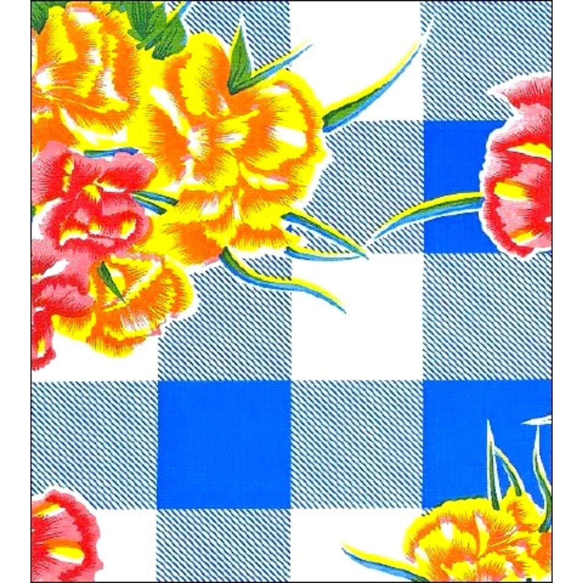 gingham and flowers blue oilcloth swatch