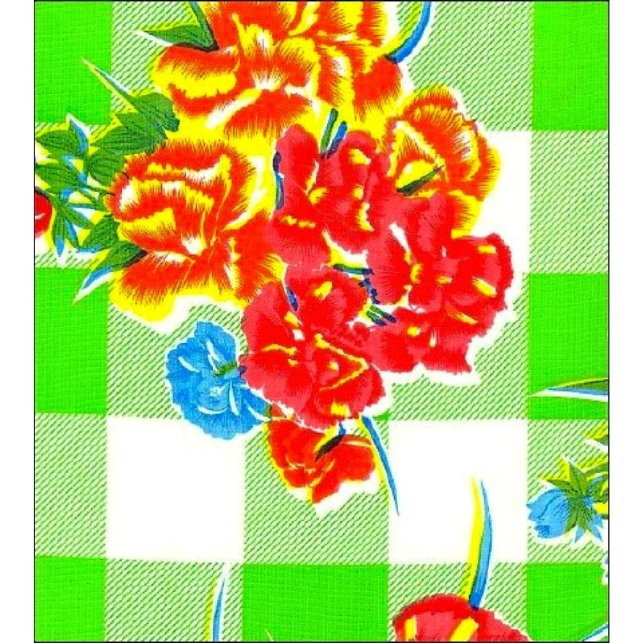 gingham and flowers lime green oilcloth swatch