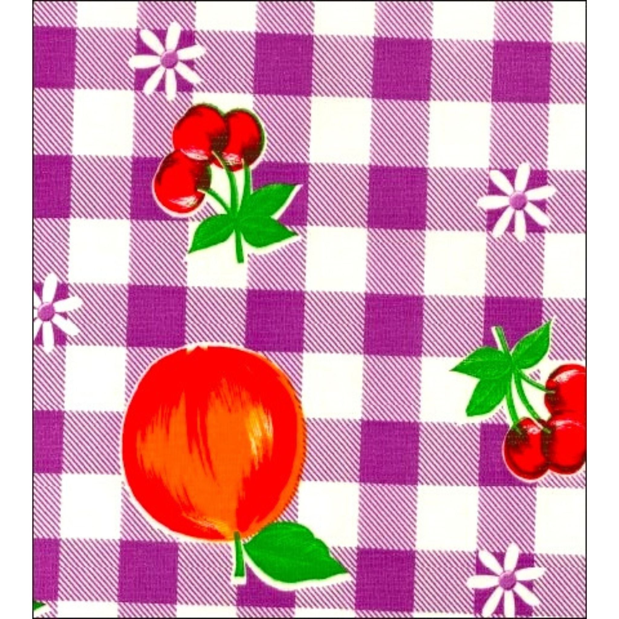 gingham and fruit purple oilcloth swatch