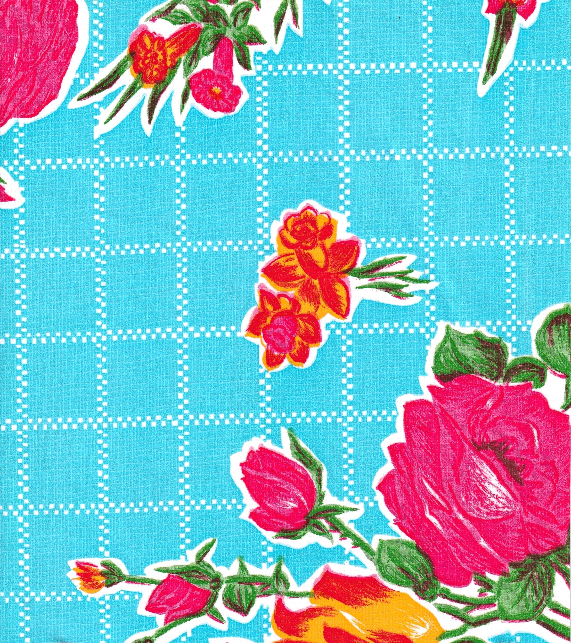 oilcloth by the yard rose and grid light blue swatch 
