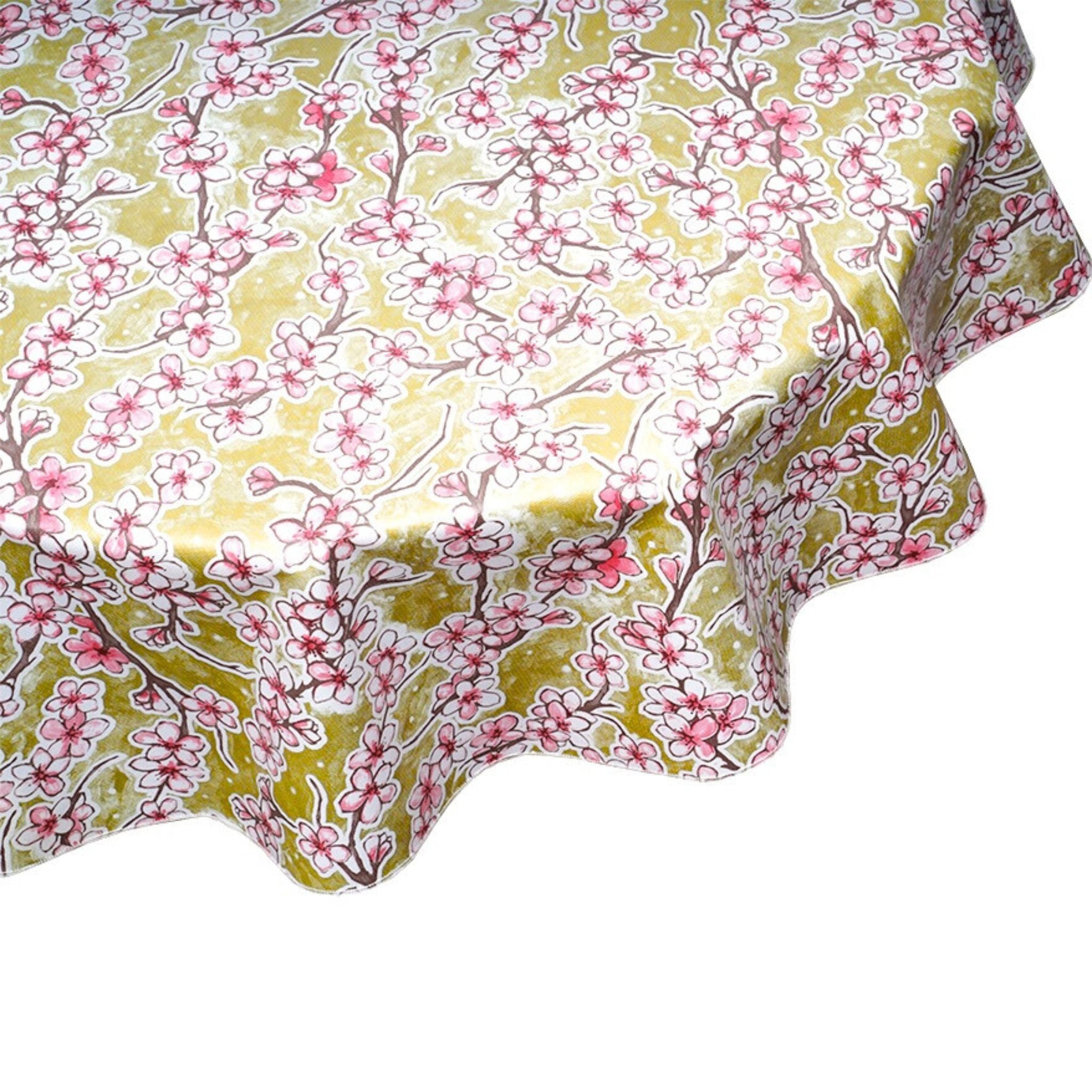 cherry blossom gold oilcloth tablecloth