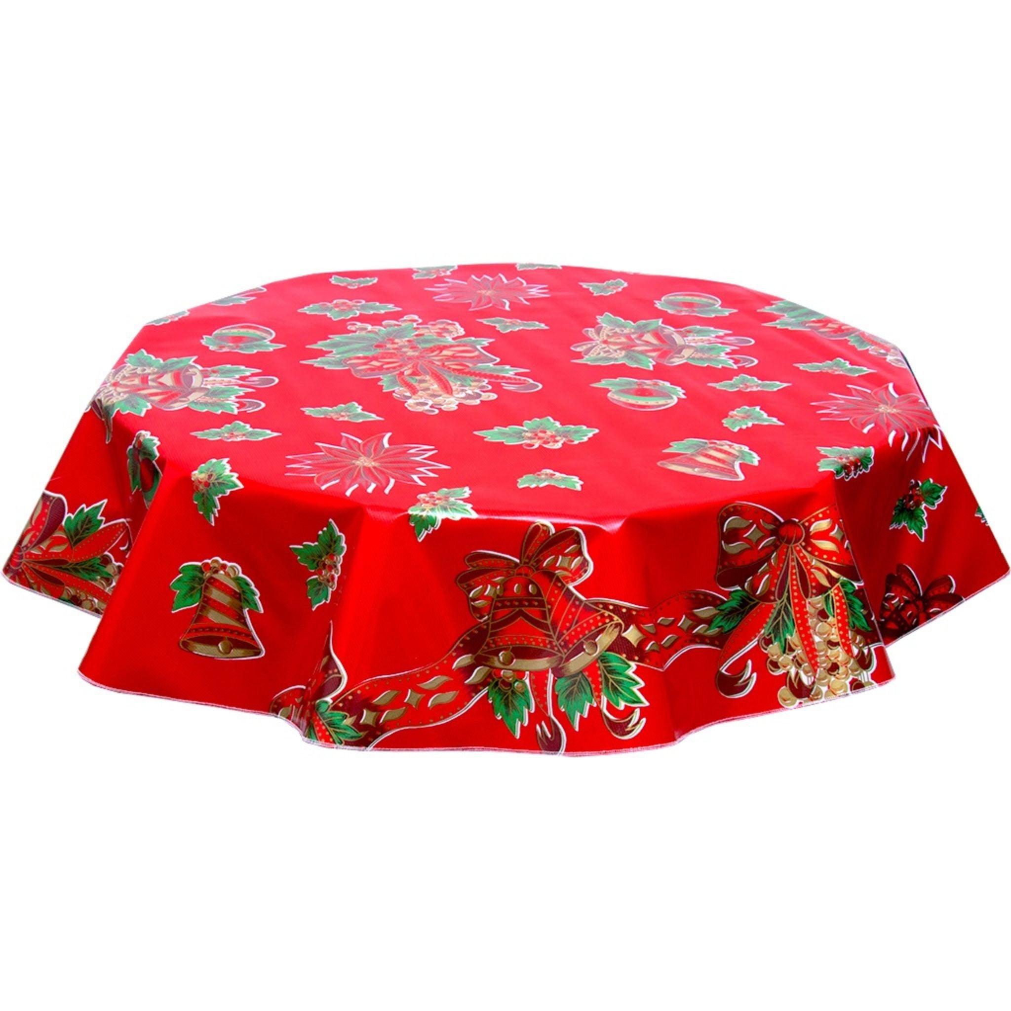 round christmas bells and bows red oilcloth tablecloth