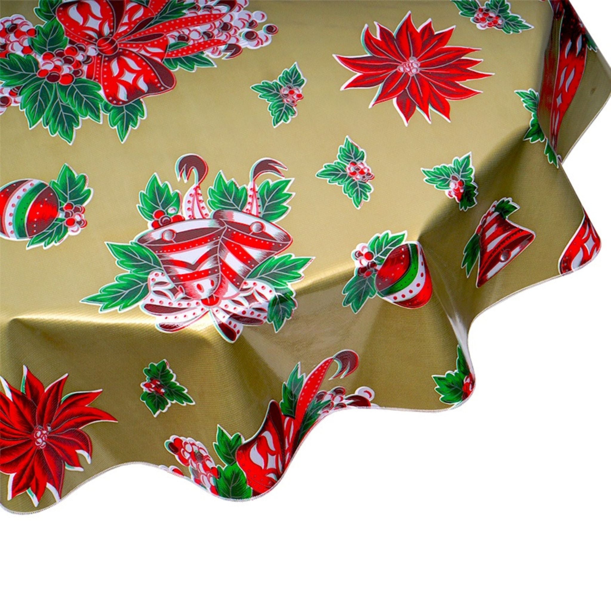 round christmas bells and bows gold oilcloth tablecloth