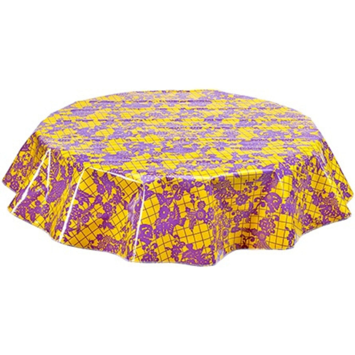 freckled sage round day of the dead purple on yellow oilcloth tablecloth