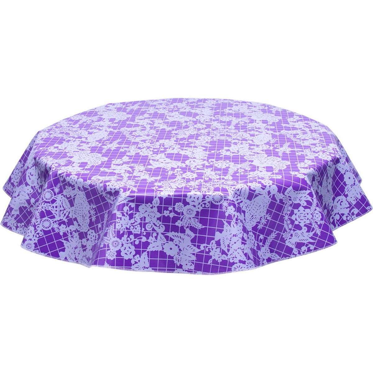 freckled sage round day of the dead white on purple oilcloth tablecloth