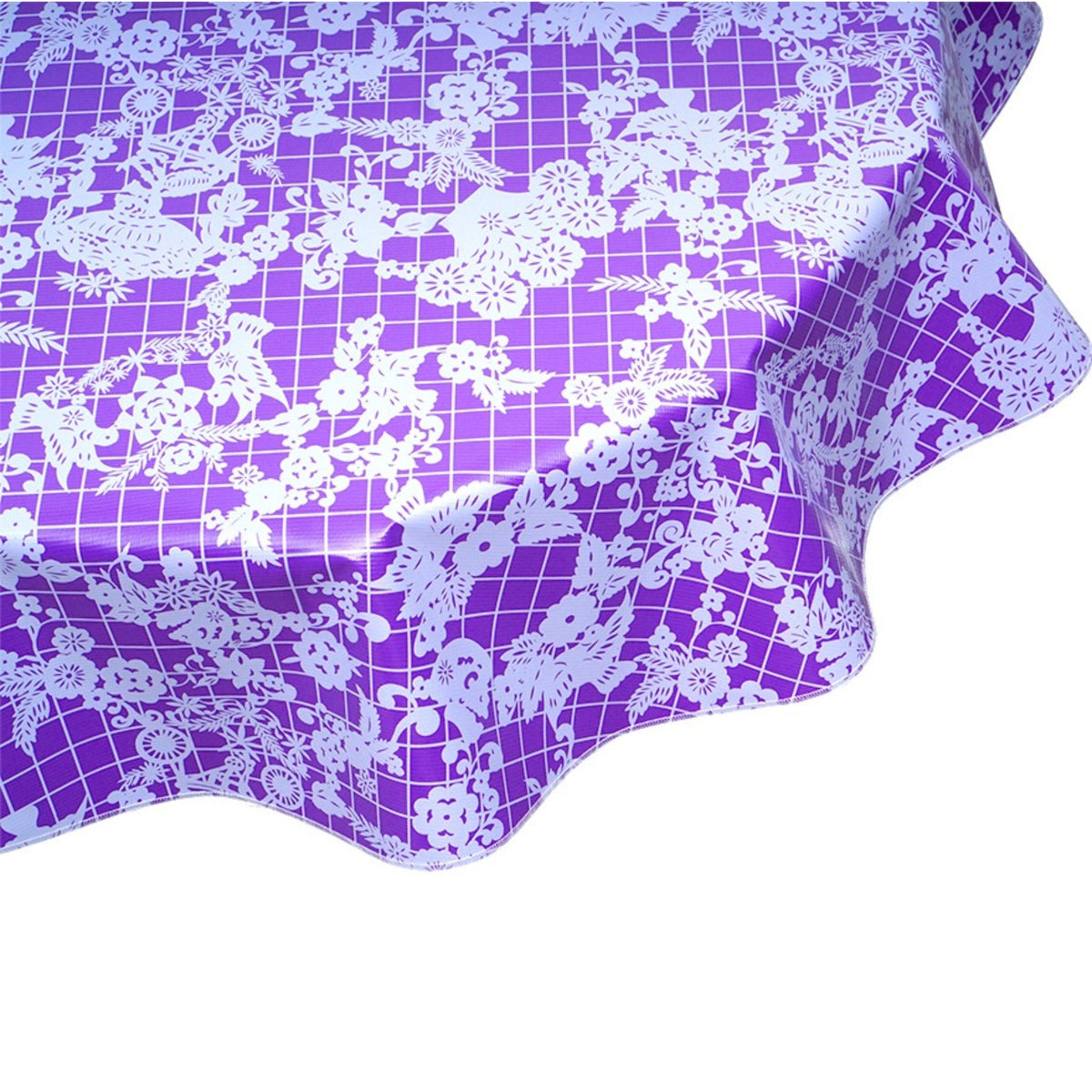 freckled sage round day of the dead white on purple oilcloth tablecloth