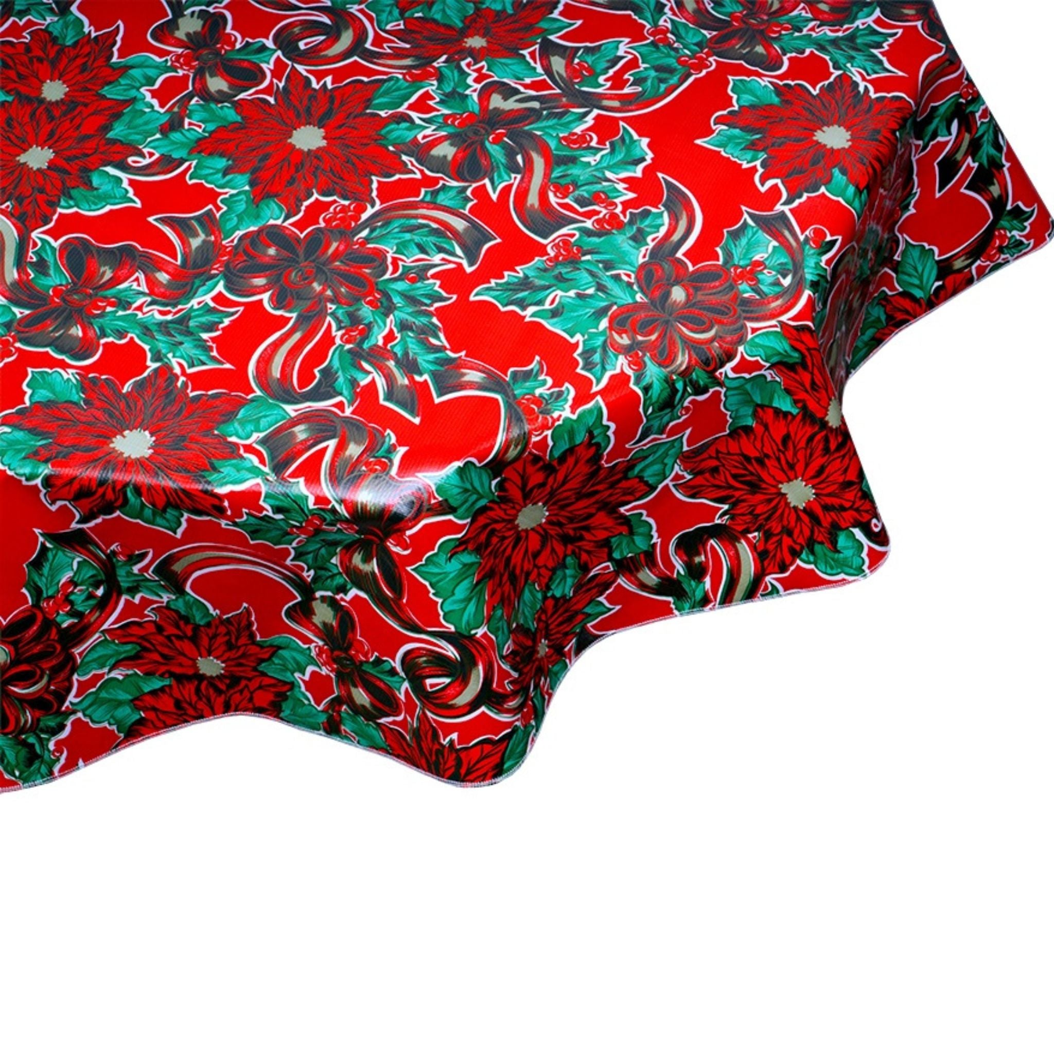christmas ribbons and holly red round oilcloth tablecloth