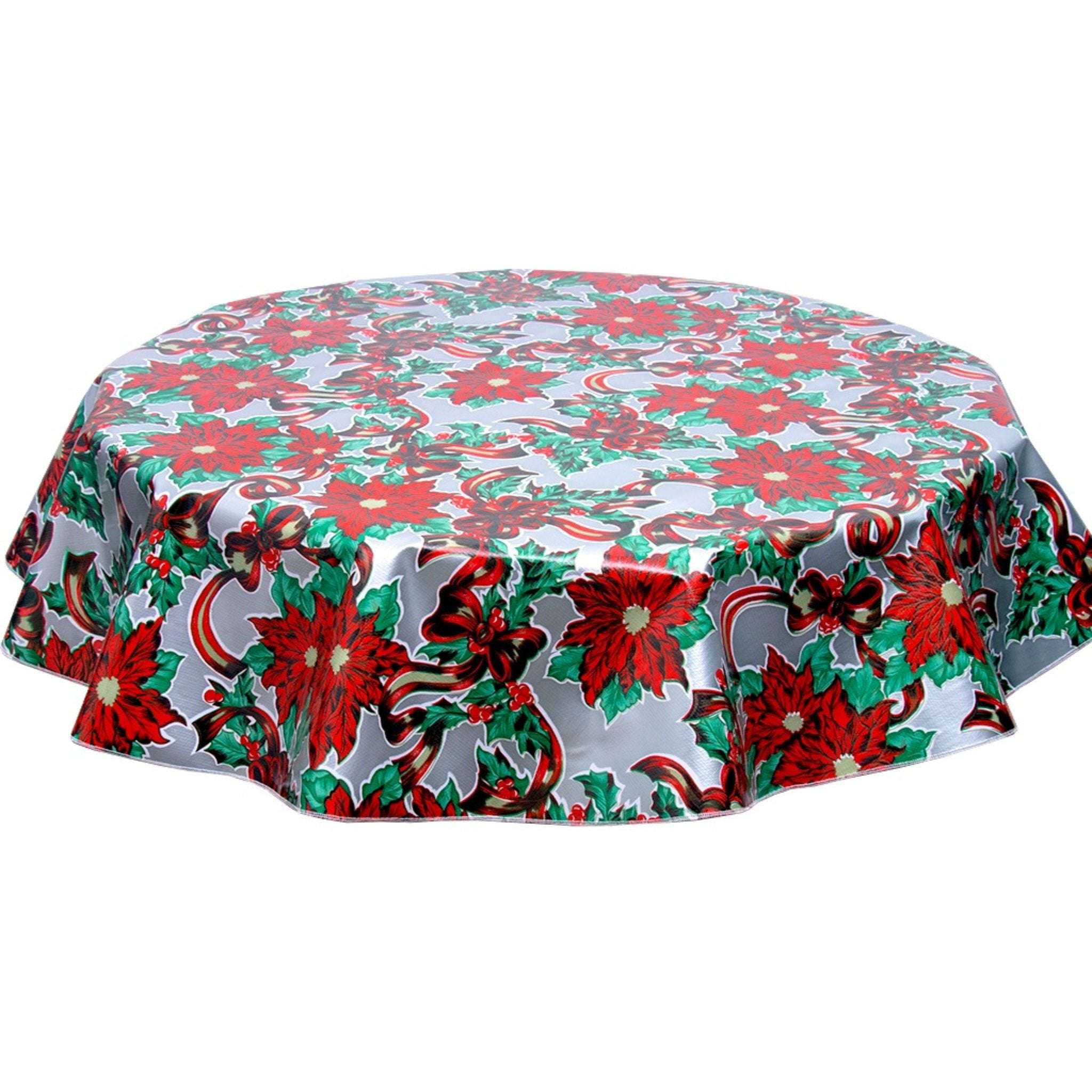 christmas ribbons and holly silver round oilcloth tablecloth