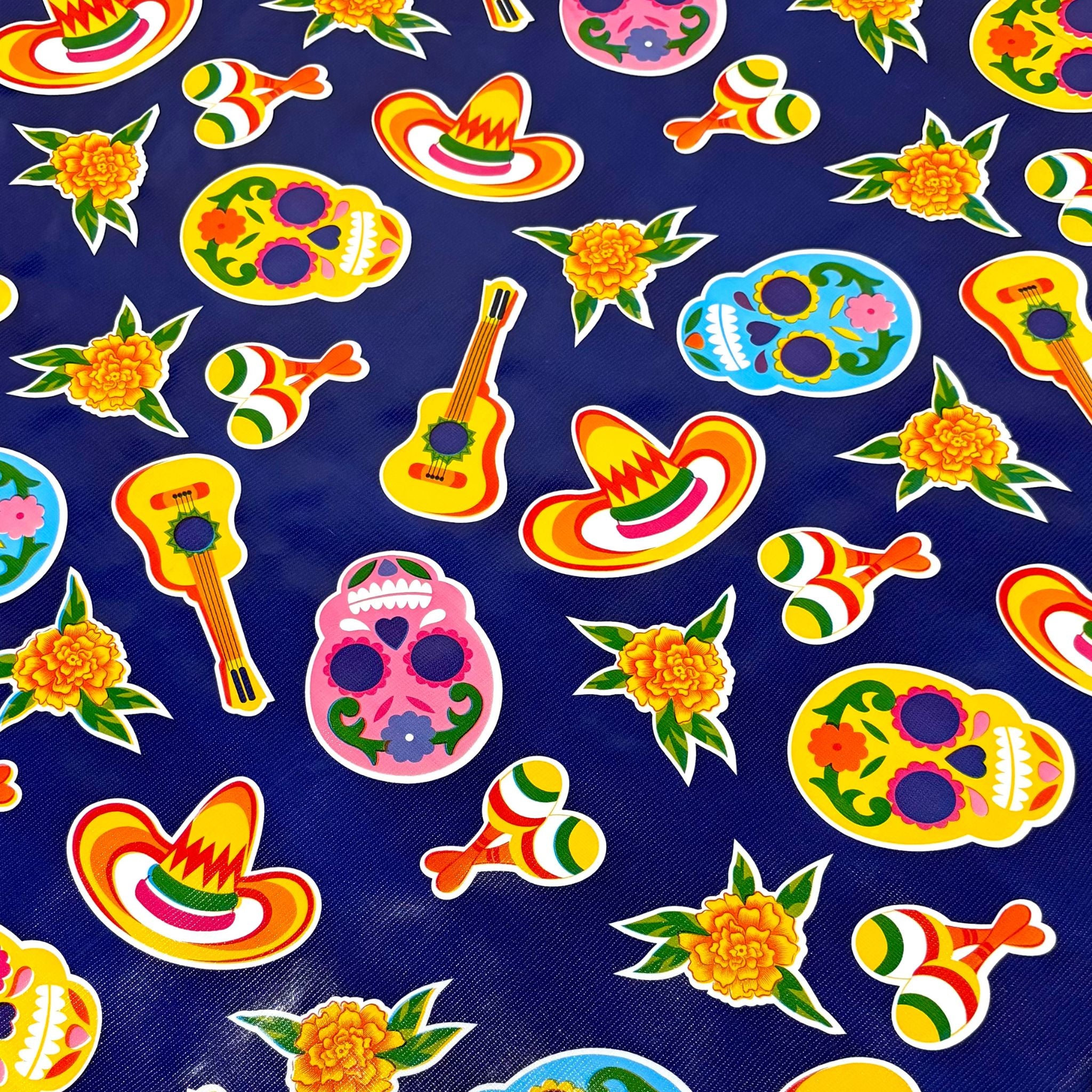 skulls on navy blue oilcloth swatch