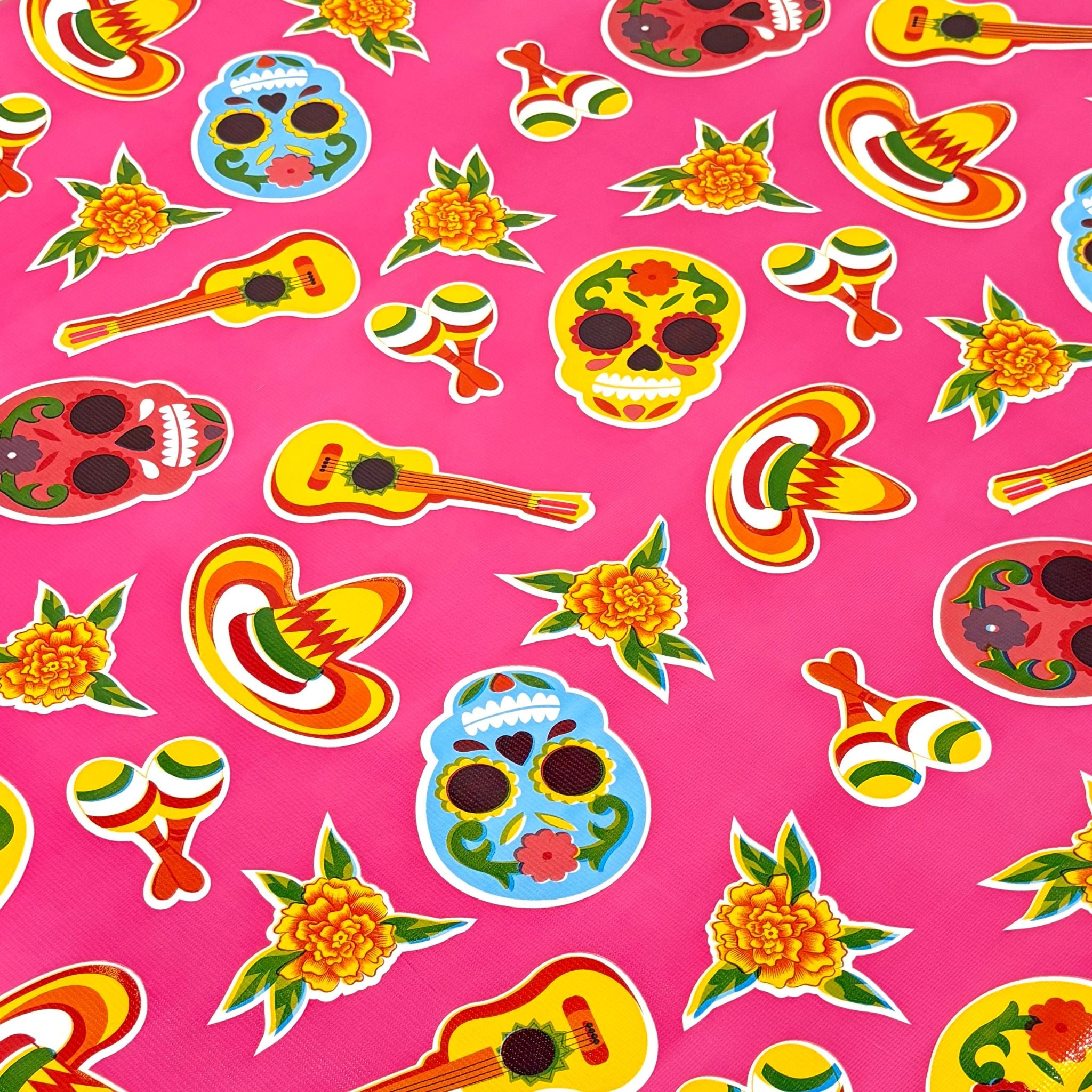 skulls on pink oilcloth swatch