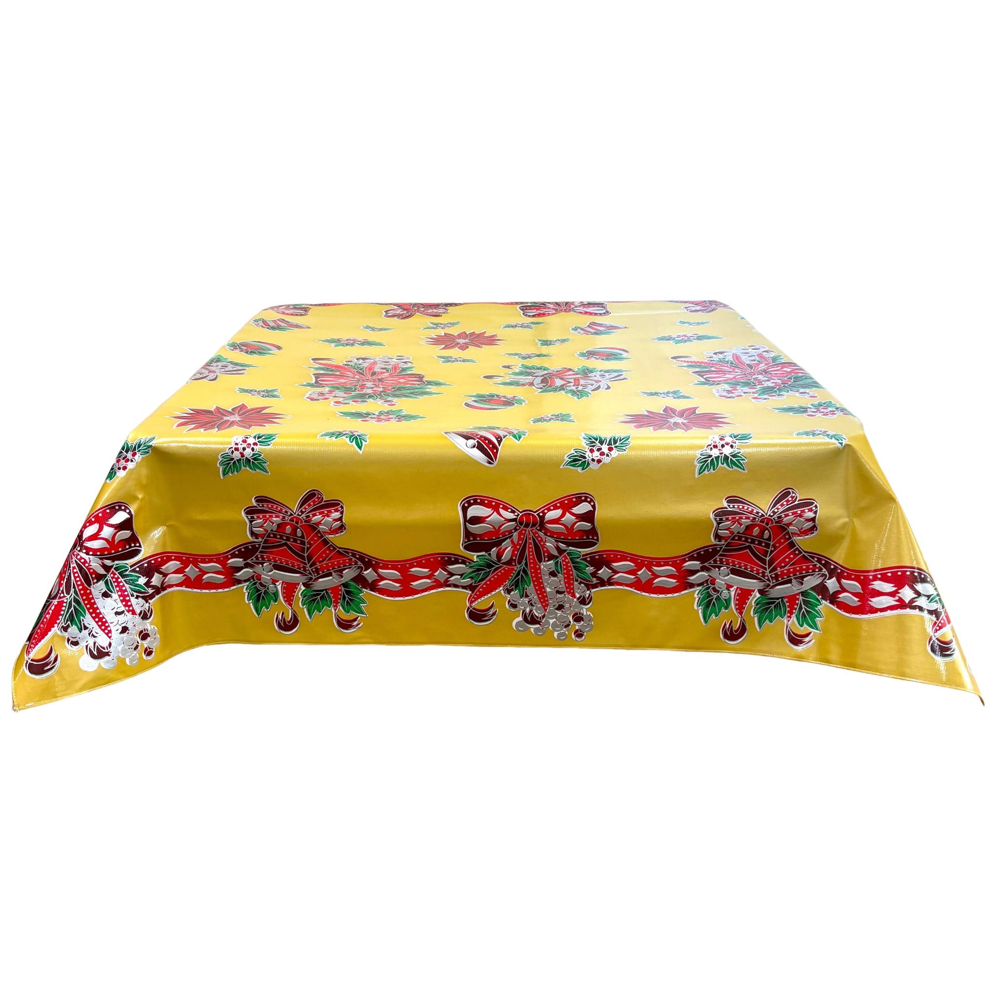 christmas bells and bows gold oilcloth tablecloth