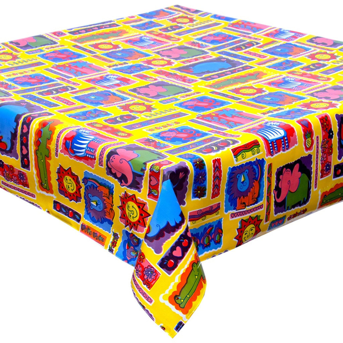 freckled sage menagerie yellow oilcloth tablecloth with a simple hem