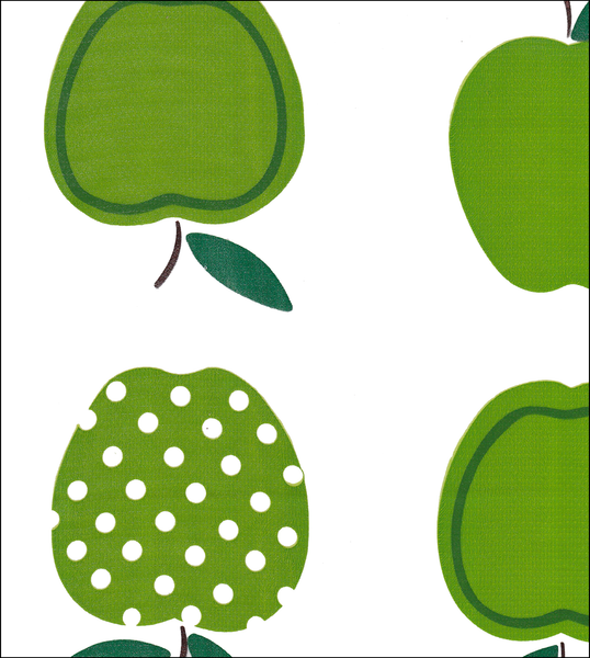 Green Apples & Dots on solid white oilcloth fabric swatch