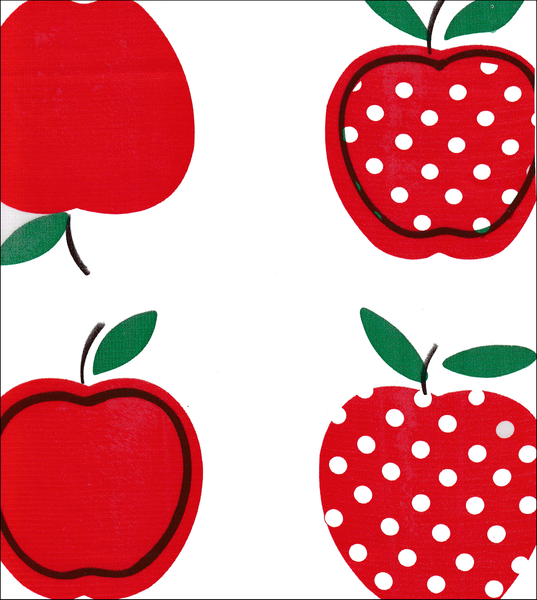 Oilcloth fabric swatch red apples some with polka dots  on solid white background