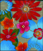 Oilcloth Fabric Swatch red pink orange blue flowers on solid gold background