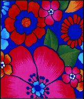 Oilcloth fabric swatch red blue red yellow orange flowers on solid dark blue background