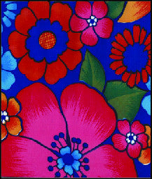 Oilcloth fabric swatch red blue red yellow orange flowers on solid dark blue background