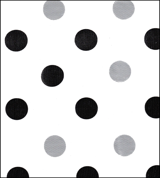 Oilcloth fabric swatch large black silver polka dots on solid white background