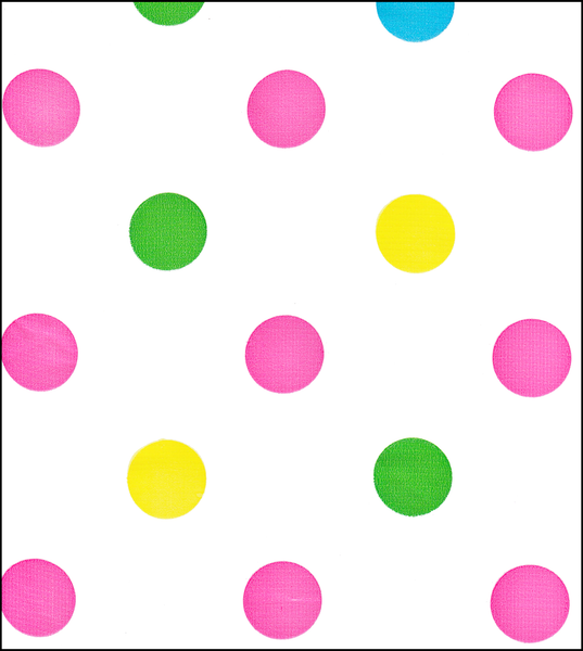Oilcloth fabric swatch pink yellow lime blue large polka dots on solid white background