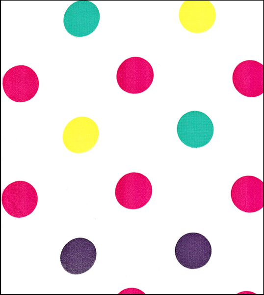 Oilcloth Fabric Swatch purple pink teal yellow large polka dots on solid white background