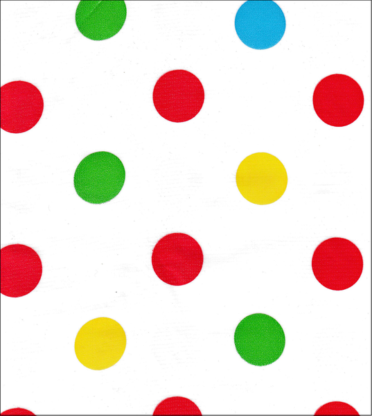 Big Dots Red oilcloth swatch red blue yellow and lime dots on white background