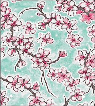 Oilcloth fabric swatch: pink cherry blossom flowers on aqua background