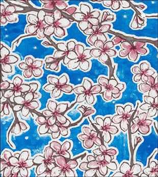 Pink Cherry Blossoms on Blue oilcloth  by the yard swatch