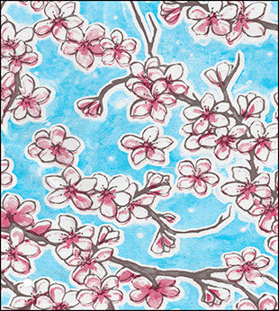 Cherry Blossoms on Light Blue oilcloth swatch