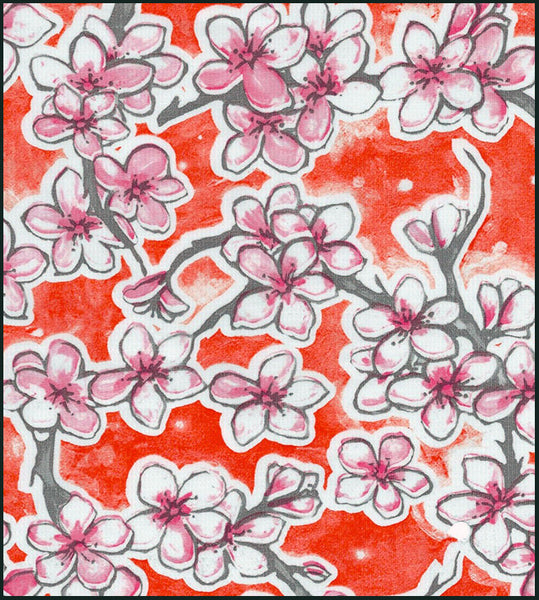 Cherry Blossoms on Orange oilcloth swatch