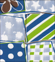 Crazy Quilt Blue oilcloth stars stripes dots squares flowers in blue and green
